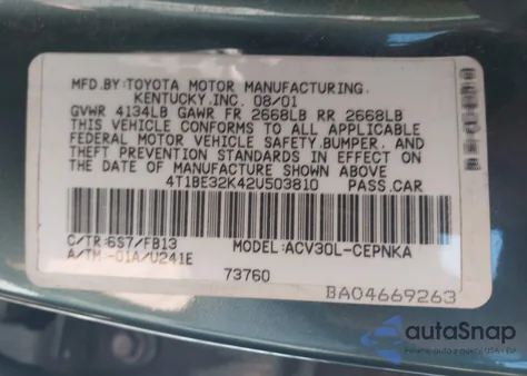 2002 Toyota Camry Le из США, поврежденный, VIN 4T1BE32K42U503810